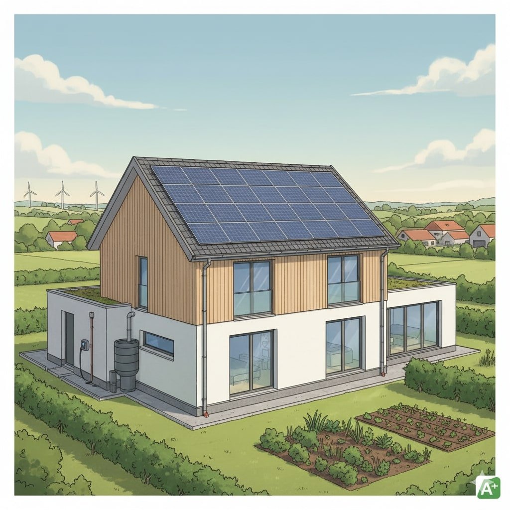 Energiezuinige woning met zonnepanelen en isolatie in Vlaanderen – illustratie van duurzaam bouwen Energiezuinige woning met zonnepanelen en isolatie in Vlaanderen – illustratie van duurzaam bouwen