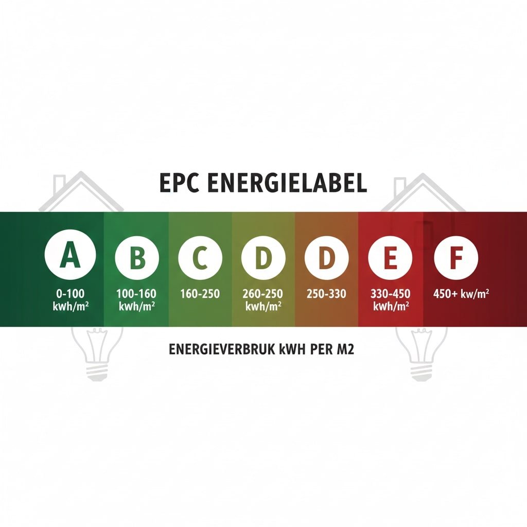 EPC energielabel A tot F infographic energieverbruik kWh per m2 EPC-label woning 2025