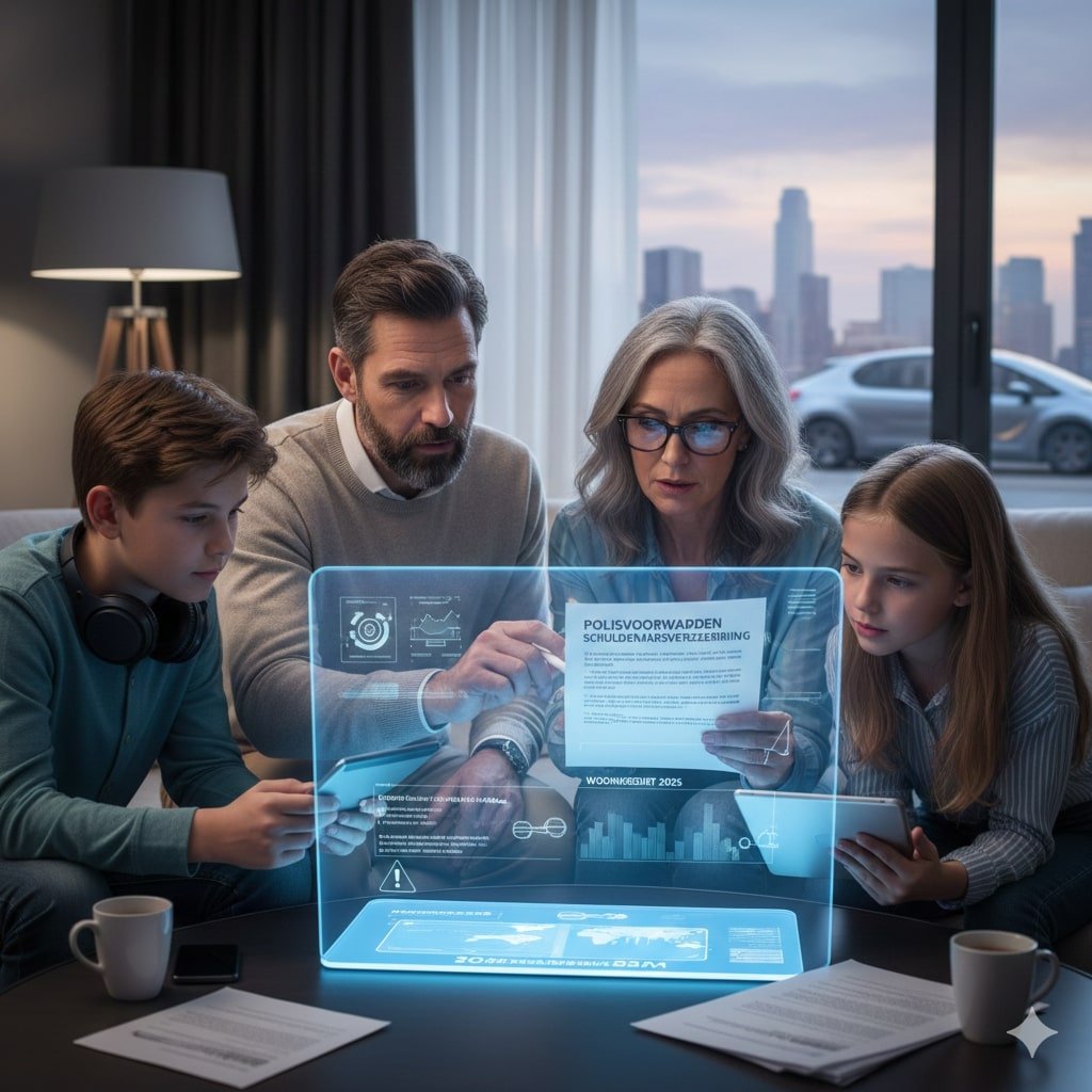 Familie checkt polisvoorwaarden schuldenaarsverzekering bij woonkrediet 2025 woonkrediet schuldenaarsverzekering 2025