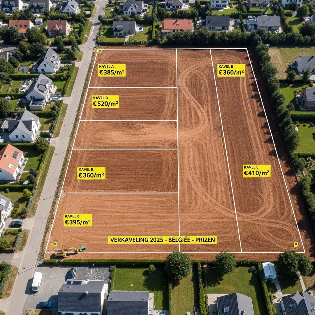 Luchtfoto van bouwgrond in België met verkavelingslijnen en prijsindicaties per m² in 2025 bouwgrond kopen 2025 België