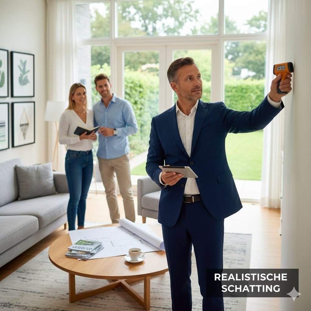 Makelaar voert taxatie uit bij huisbesichtiging voor realistische schatting Makelaar voert taxatie uit bij huisbezichtiging voor realistische schatting