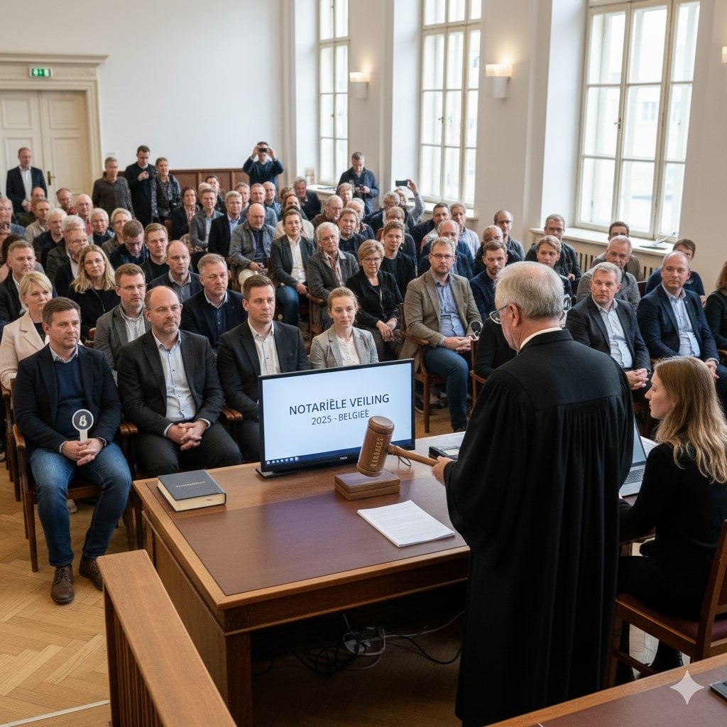 Notariële veilingzaal met geïnteresseerde kopers en notaris onderaan gavel woning kopen veilingen 2025