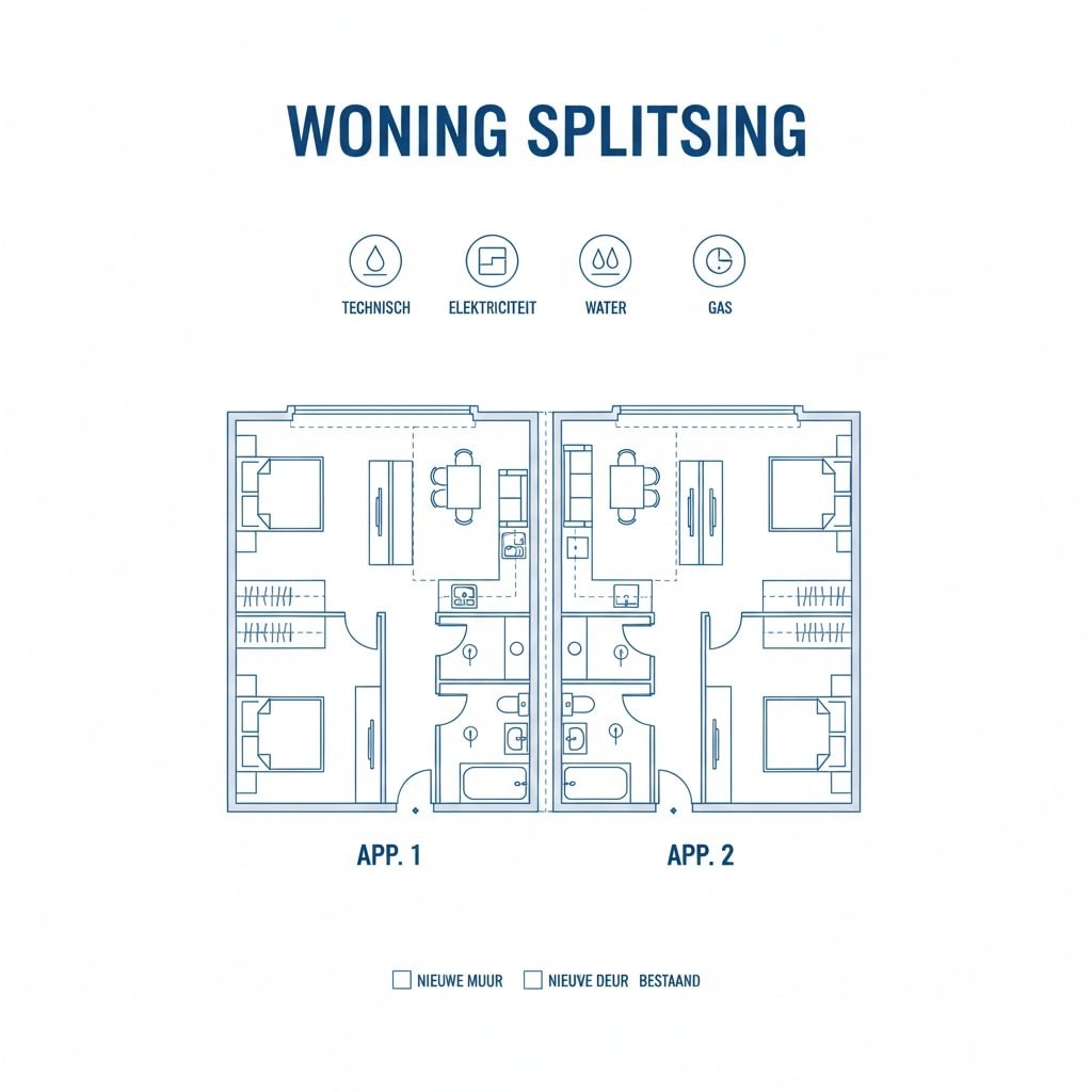 Plattegrond van woning splitsen in twee appartementen met technische aanduidingen woning splitsen appartementen 2025