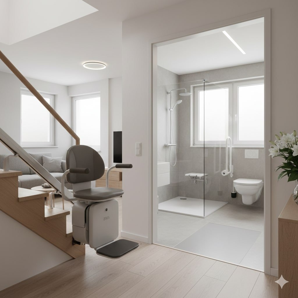 Traplift en drempelvrij badkamer in aangepaste woning voor ouderen 2025 woning aanpassen ouderdom mobiliteit 2025